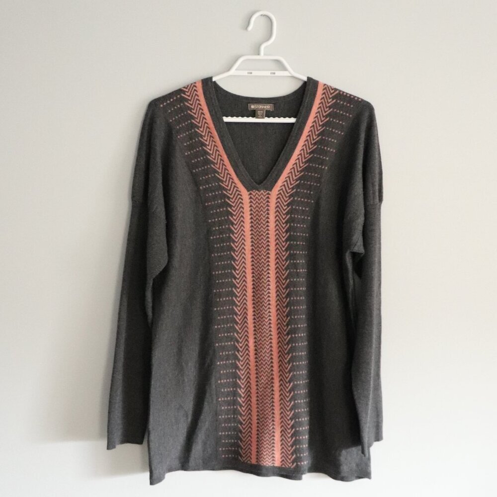 Spanner Women's XS-S Grey V-Neck Wool Blend Geometric Stretch Pullover Sweater
